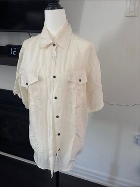 Women silk Lightweight Short-Sleeve Button-Up Shirt Jacket in Cream
